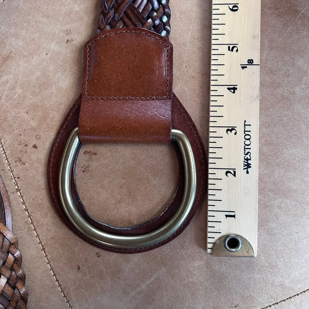 Wide Woven Leather Belt Brown Oversized Ring Buckle Boho Western Cowgirl Women M